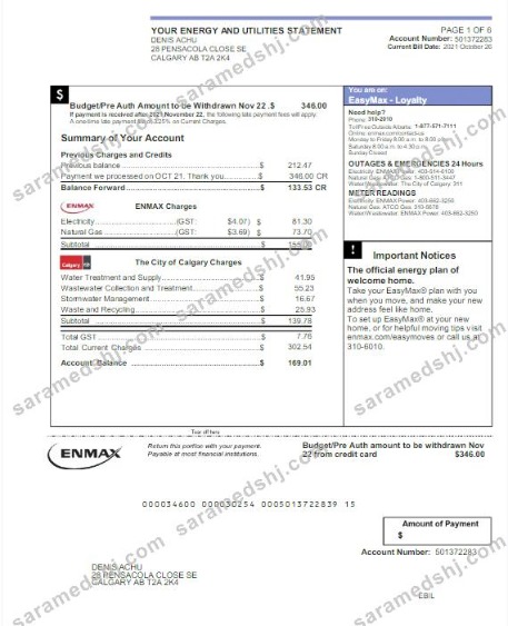 CANADA ENMAX utility bill Word and PDF template